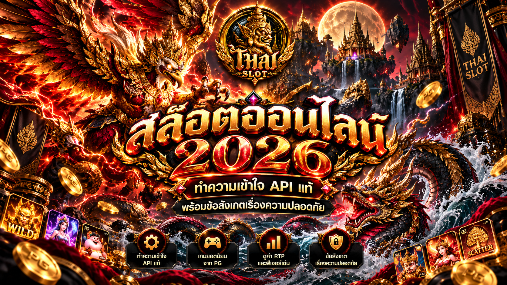 หน้าจอเกมสล็อตสมมติสำหรับอธิบายสัญลักษณ์และกติกา